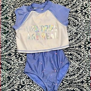 SOLD.      Cat & Jack 2 piece swimsuit, XS 4-5 light blue and white